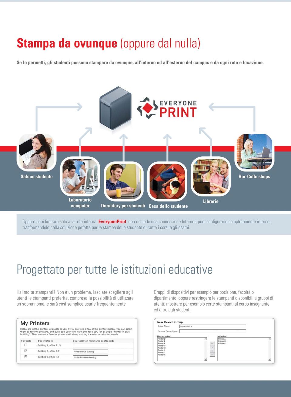 EveryonePrint non richiede una connessione Internet, puoi configurarlo completamente interno, trasformandolo nella soluzione pefetta per la stampa dello studente durante i corsi e gli esami.