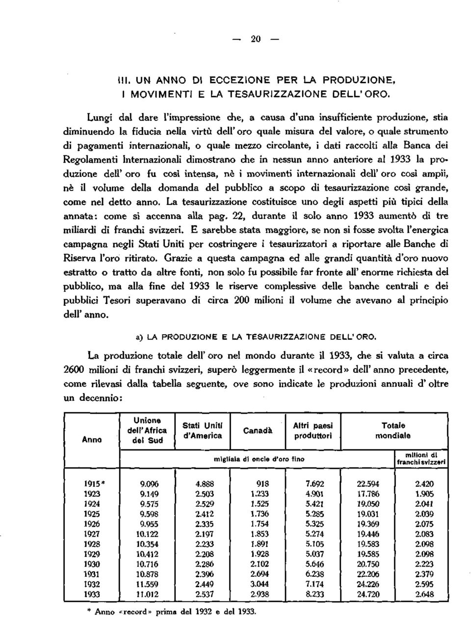 quale mezzo circolante, i dati raccolti alla Banca dei Regolamenti Internazionali dimostrano che in nessun anno anteriore al 1933 la produzione dell' oro fu cosi intensa, né i movimenti