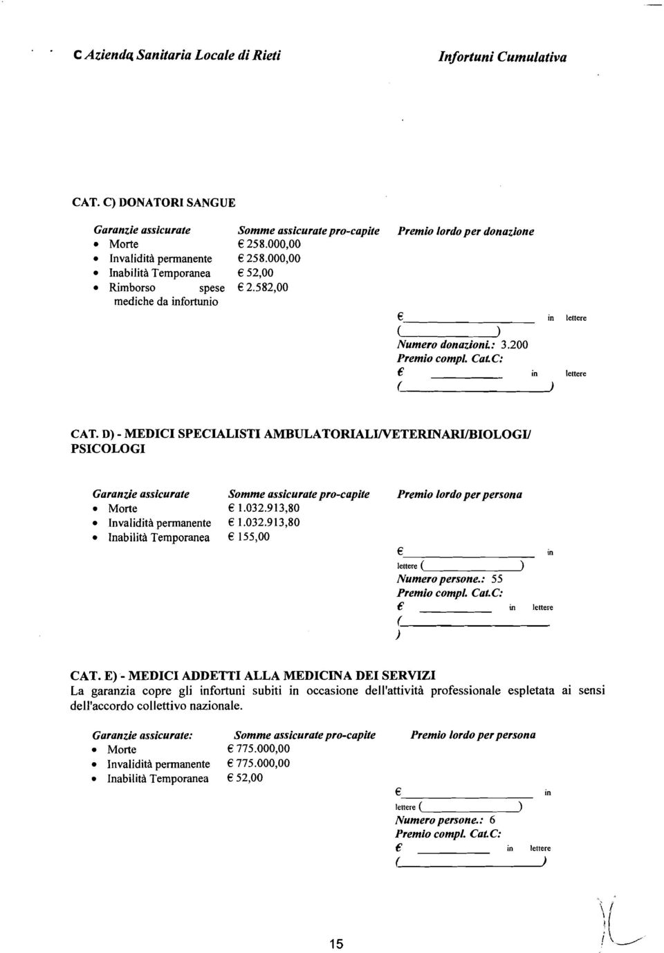 D) - MEDICI SPECIALISTI AMBULATORIALINETERINARVBIOLOGI/ PSICOLOGI Garanzie assicurate Somme assicurate pro-capite Premio lordo per persona e Morte 1.032.