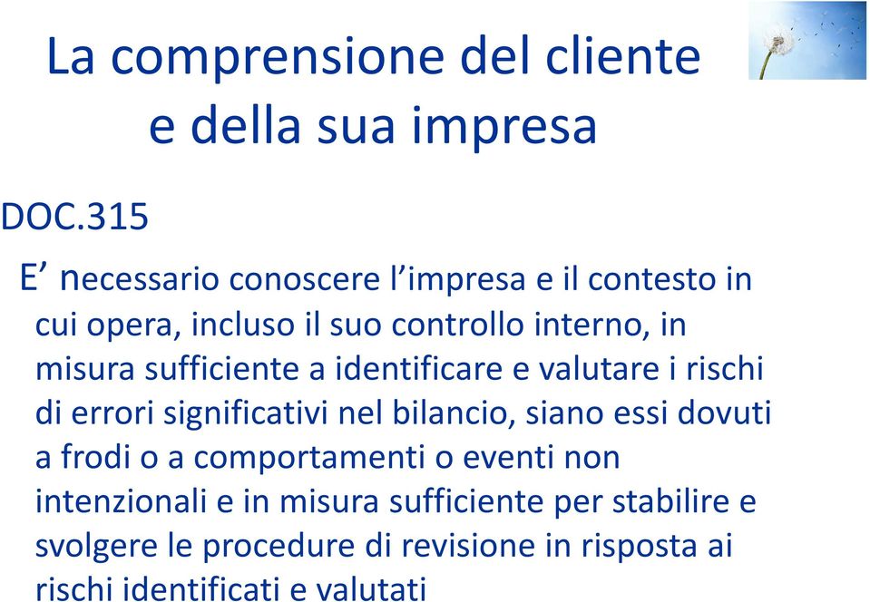 controllo interno, in misura sufficiente a identificare e valutare i rischi di errori significativi nel