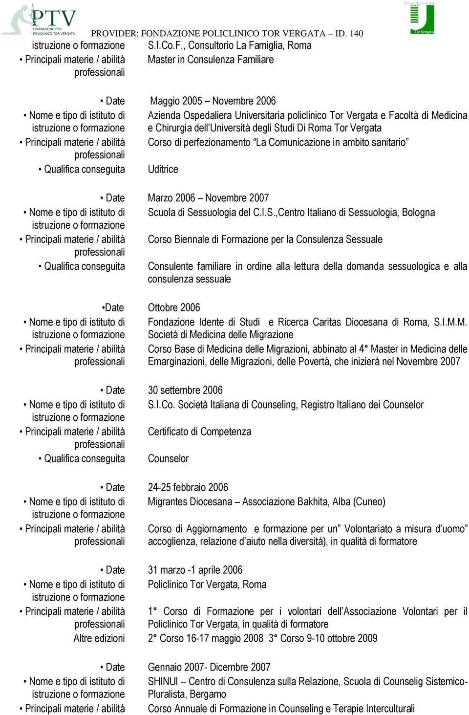 , Consultorio La Famiglia, Roma Master in Consulenza Familiare Date Maggio 2005 Novembre 2006 Azienda Ospedaliera Universitaria policlinico Tor Vergata e Facoltà di Medicina e Chirurgia dell