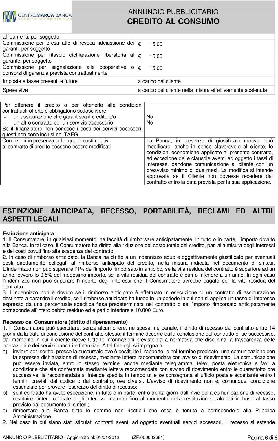 effettivamente sostenuta Per ottenere il credito o per ottenerlo alle condizioni contrattuali offerte è obbligatorio sottoscrivere: - un assicurazione che garantisca il credito e/o - un altro