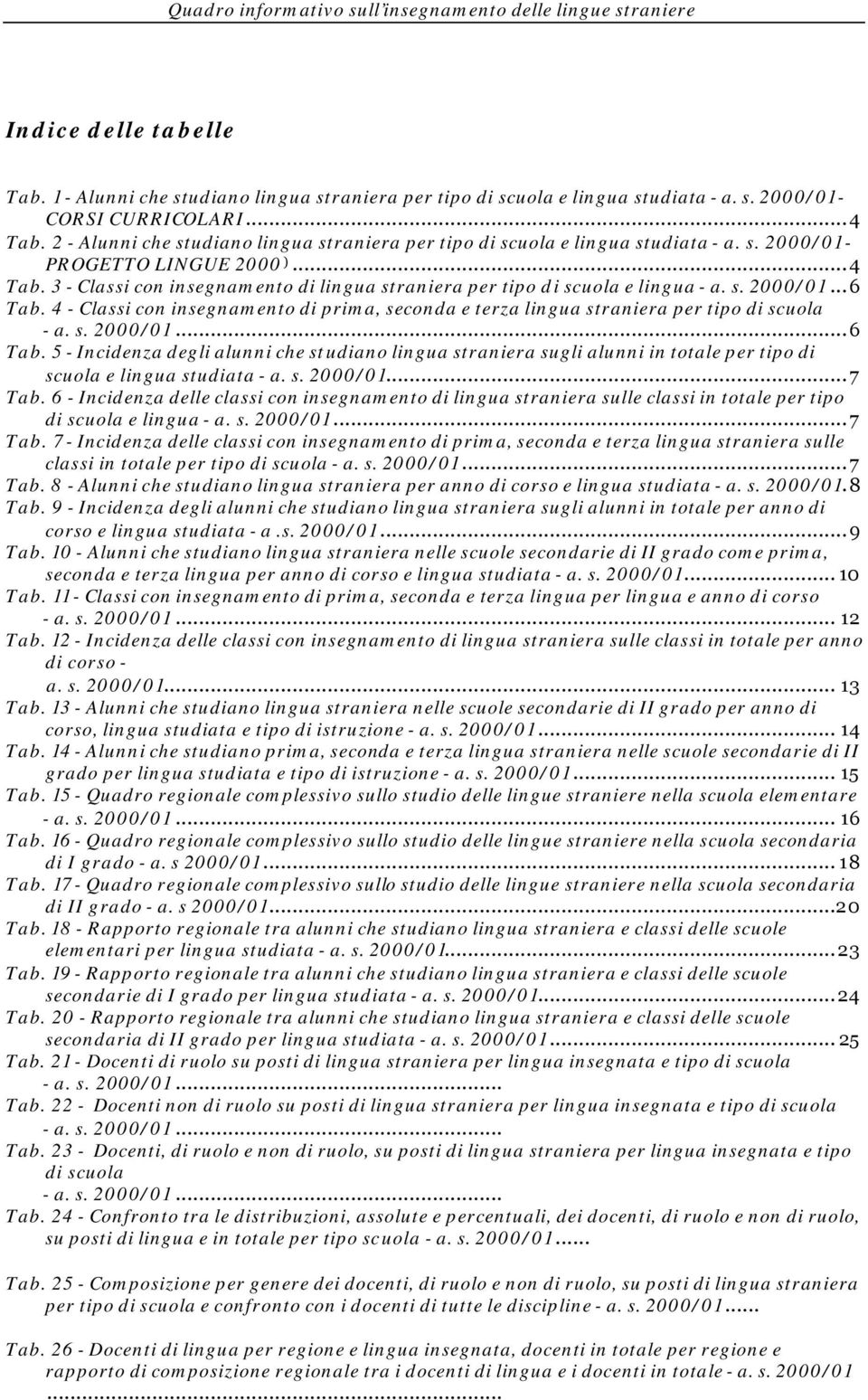 3 - Classi con insegnamento di lingua straniera per tipo di scuola e lingua - a. s. 2000/01...6 Tab.