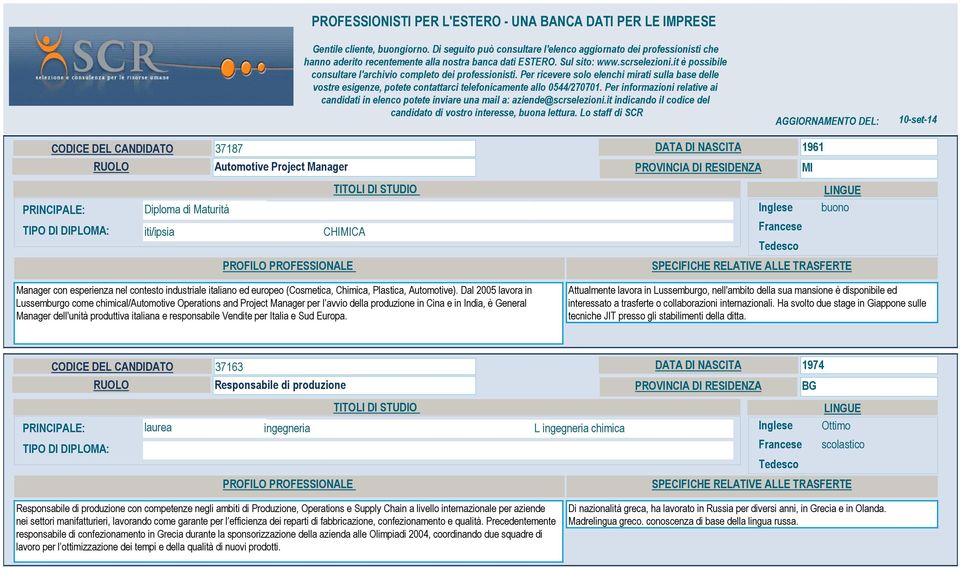 it è possibile consultare l'archivio completo dei professionisti. Per ricevere solo elenchi mirati sulla base delle vostre esigenze, potete contattarci telefonicamente allo 0544/270701.