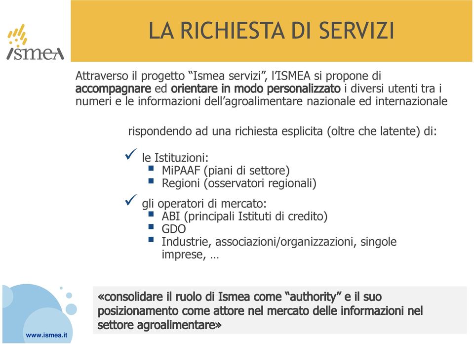 esplicita (oltre che latente) di: le Istituzioni: MiPAAF (piani di settore) Regioni (osservatori regionali)