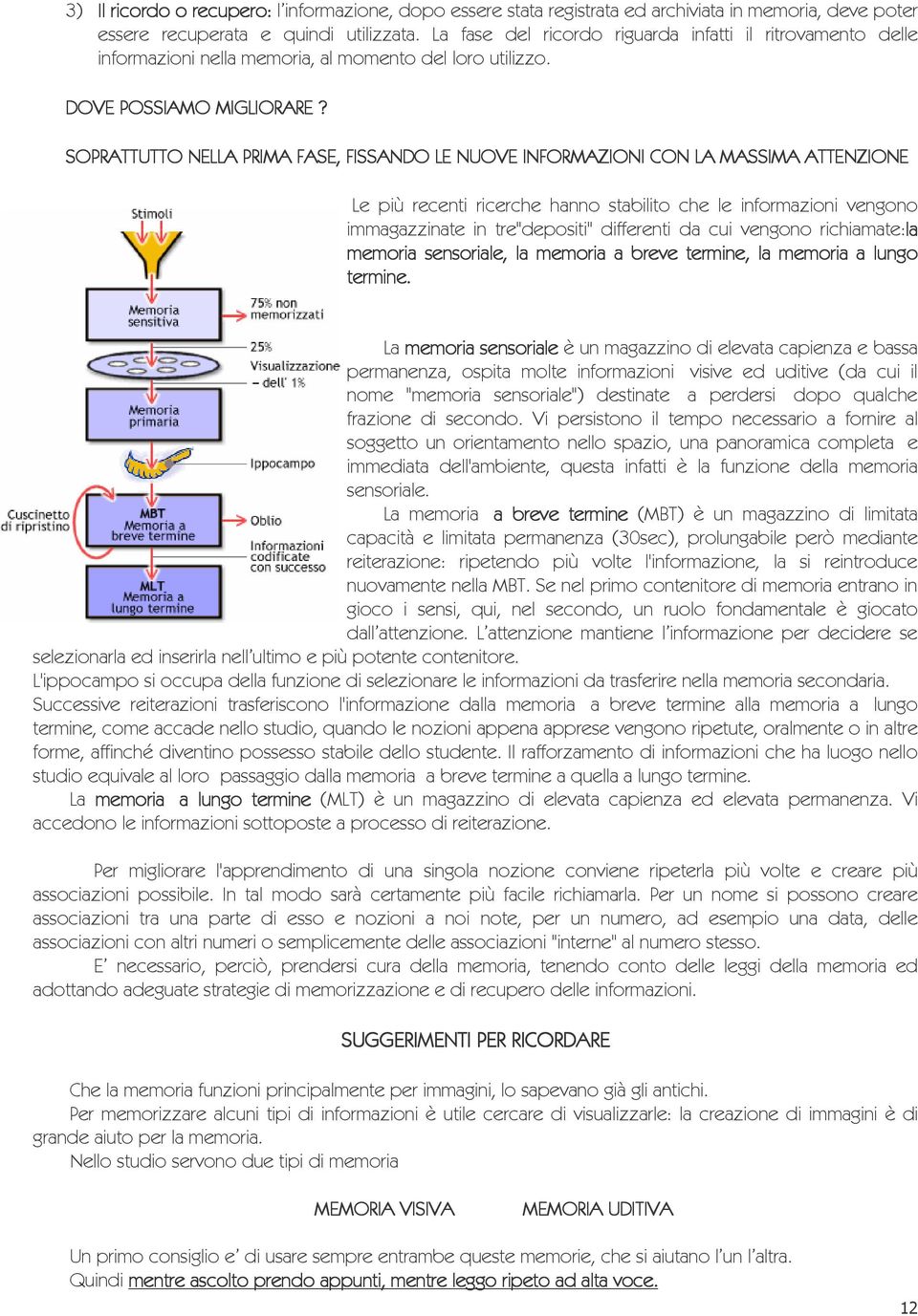 SOPRATTUTTO NELLA PRIMA FASE, FISSANDO LE NUOVE INFORMAZIONI CON LA MASSIMA ATTENZIONE Le più recenti ricerche hann stabilit che le infrmazini vengn immagazzinate in tre"depsiti" differenti da cui