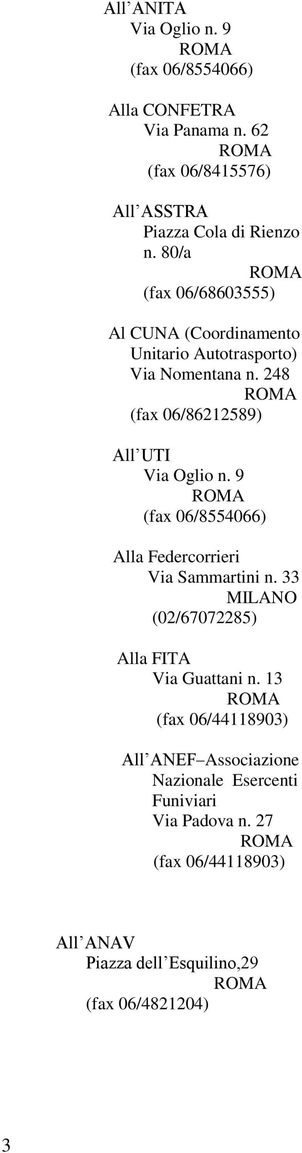 9 (fax 06/8554066) Alla Federcorrieri Via Sammartini n. 33 MILANO (02/67072285) Alla FITA Via Guattani n.