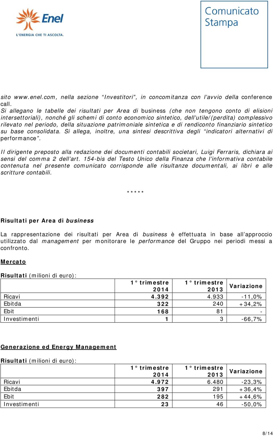 rilevato nel periodo, della situazione patrimoniale sintetica e di rendiconto finanziario sintetico su base consolidata.