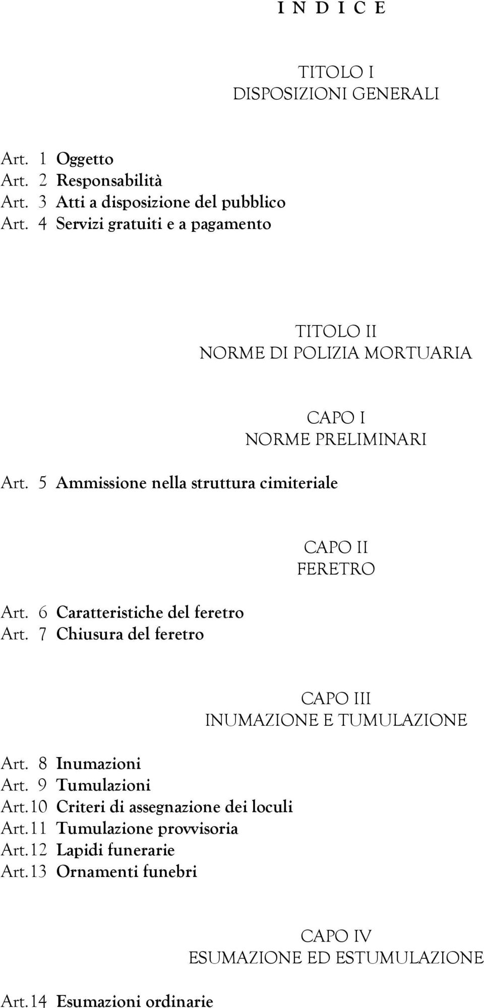 6 Caratteristiche del feretro Art. 7 Chiusura del feretro CAPO II FERETRO Art. 8 Inumazioni Art. 9 Tumulazioni Art.