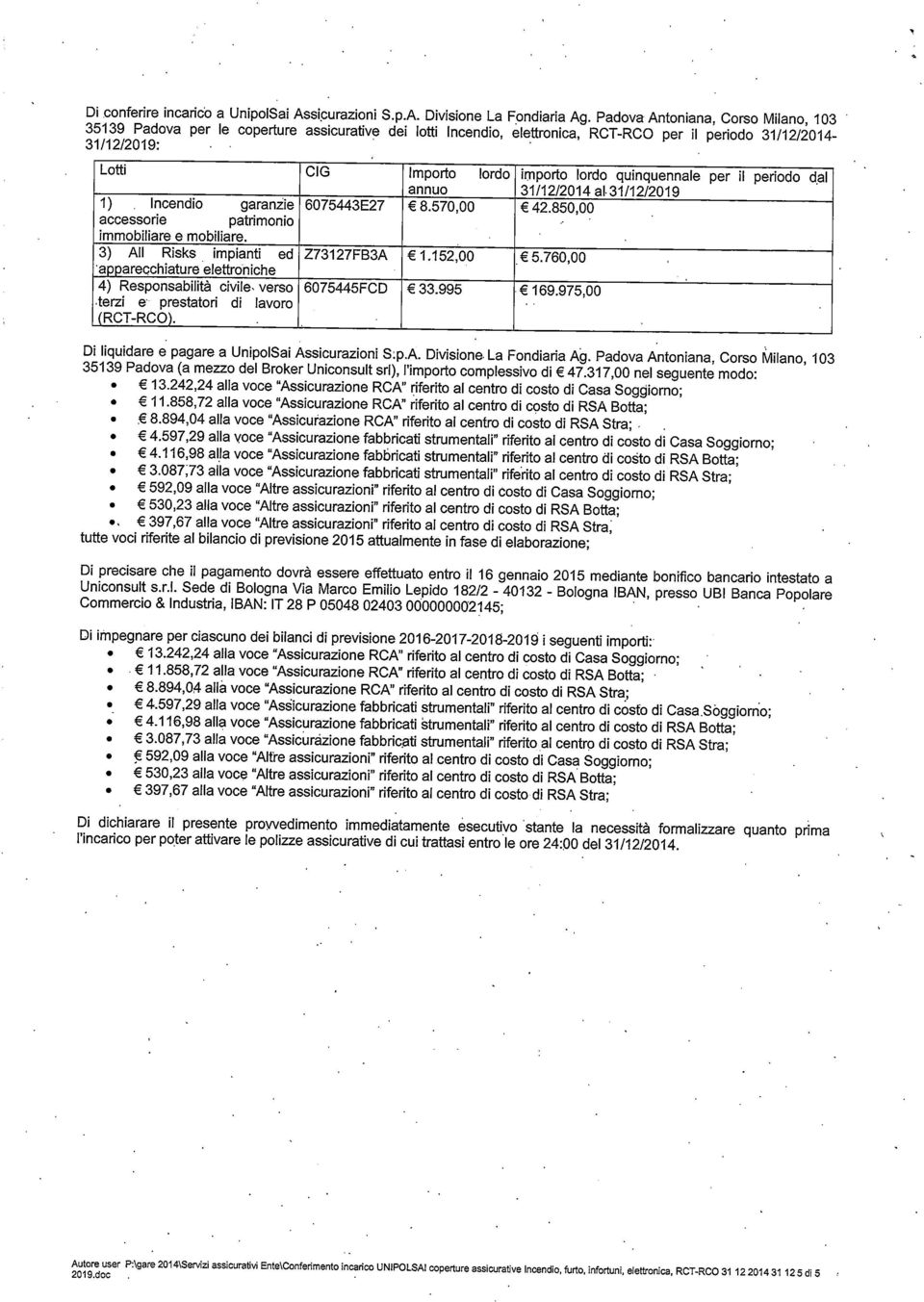 La Fondiaria g Padova ntoniana Corso lv ilano 103 35139 Padova per le coperture assicurative dei lotti ncendio elettronica RCTRCO per il periodo 31/12/2014 31/12/2019: Lotti CG mporto lordo importo