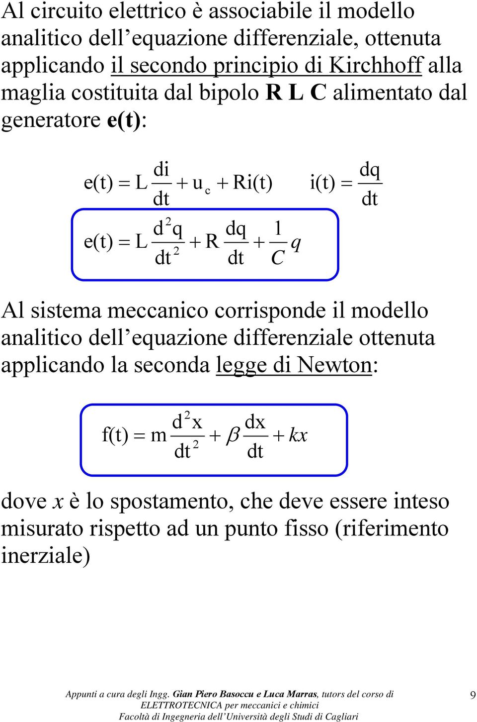 dell equazione differenziale oenua applicando la seconda legge di Newon: d x f() m d dx β d kx dove x è lo sposameno, che deve essere ineso misurao