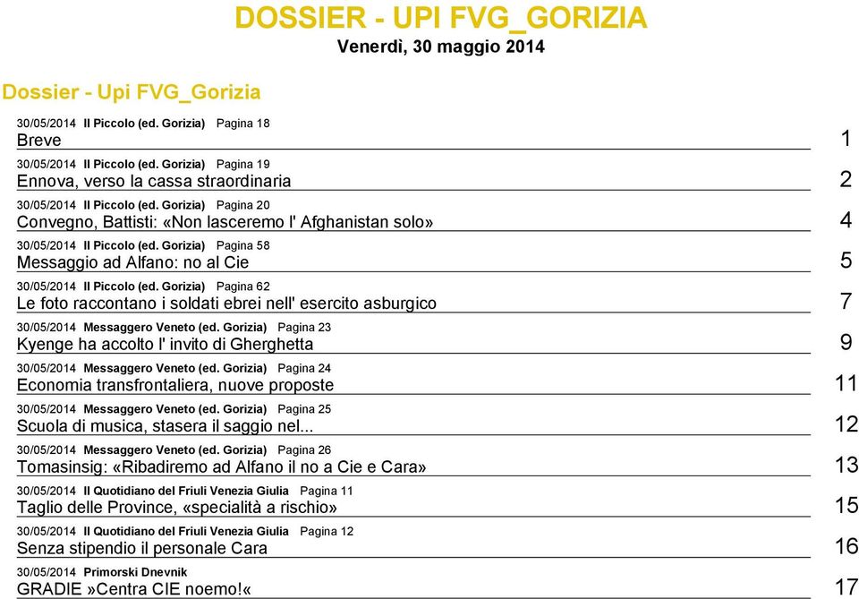 ) Pagina 62 Le foto raccontano i soldati ebrei nell' esercito asburgico 7 30/05/2014 Messaggero Veneto (ed. ) Pagina 23 Kyenge ha accolto l' invito di Gherghetta 9 30/05/2014 Messaggero Veneto (ed.