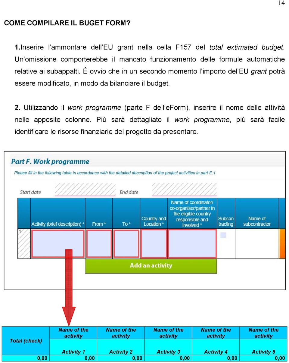 É ovvio che in un secondo momento l importo del EU grant potrà essere modificato, in modo da bilanciare il budget. 2.