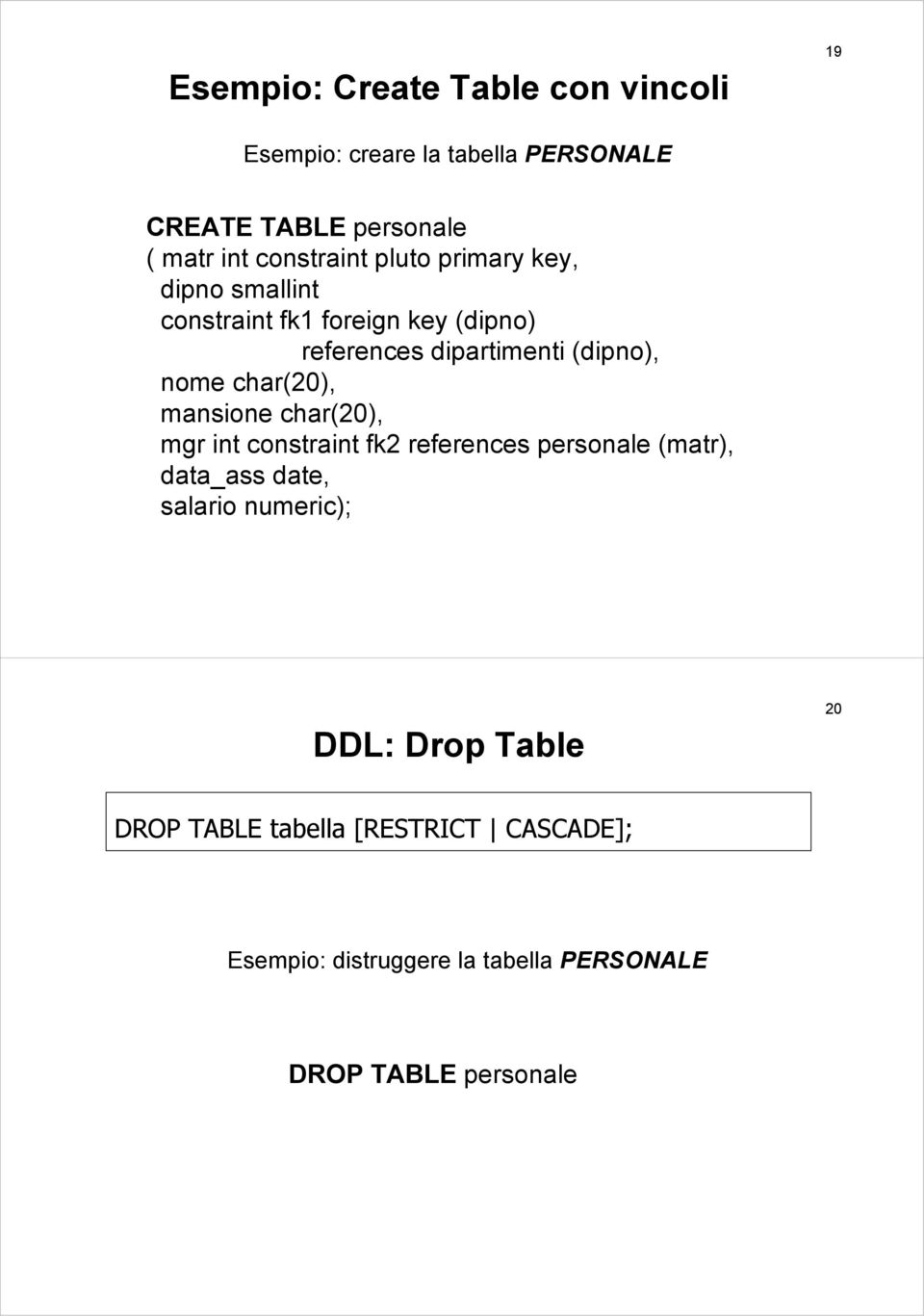 nome char(20), mansione char(20), mgr int constraint fk2 references personale (matr), data_ass date, salario
