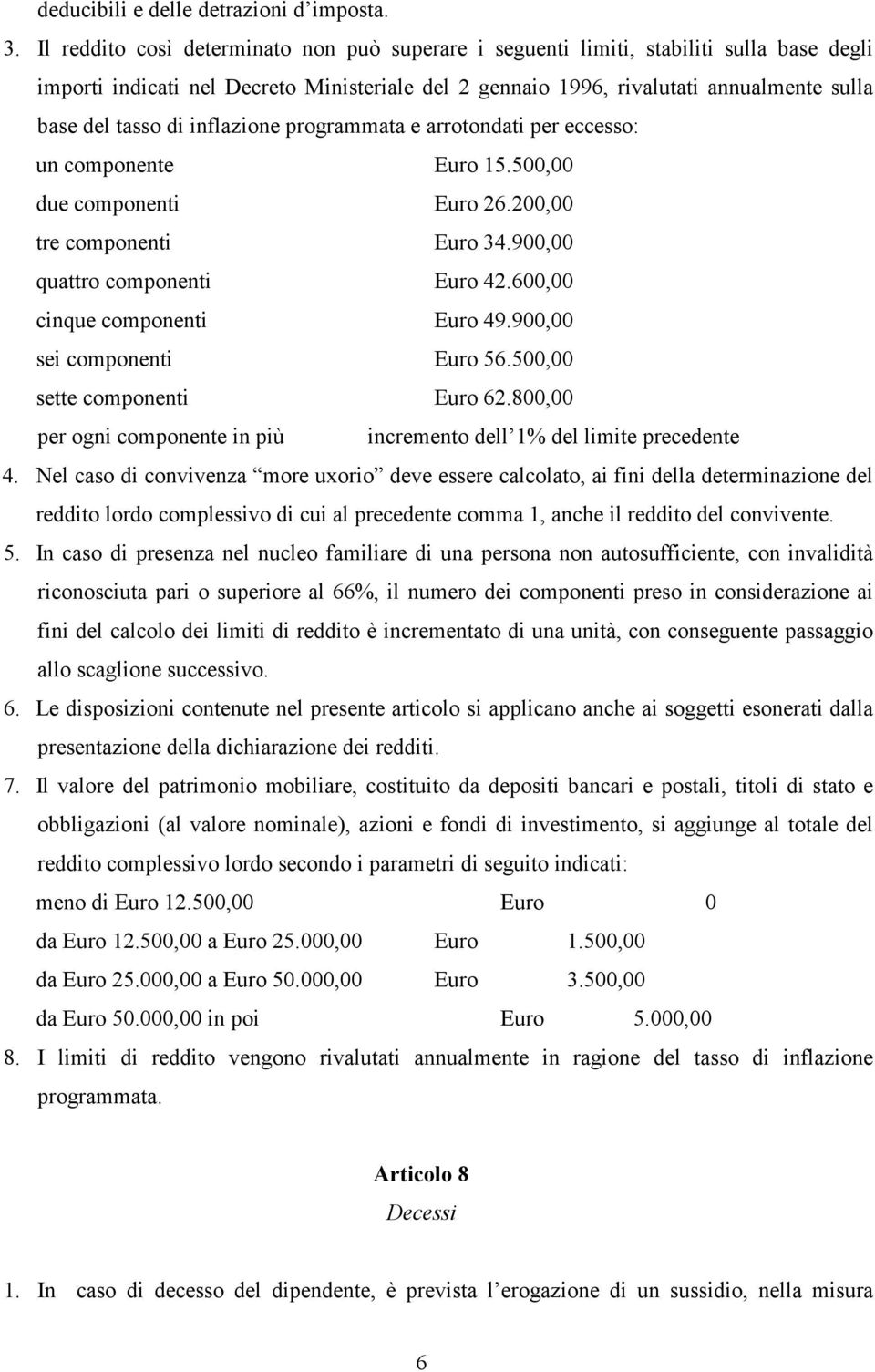 inflazione programmata e arrotondati per eccesso: un componente Euro 15.500,00 due componenti Euro 26.200,00 tre componenti Euro 34.900,00 quattro componenti Euro 42.600,00 cinque componenti Euro 49.