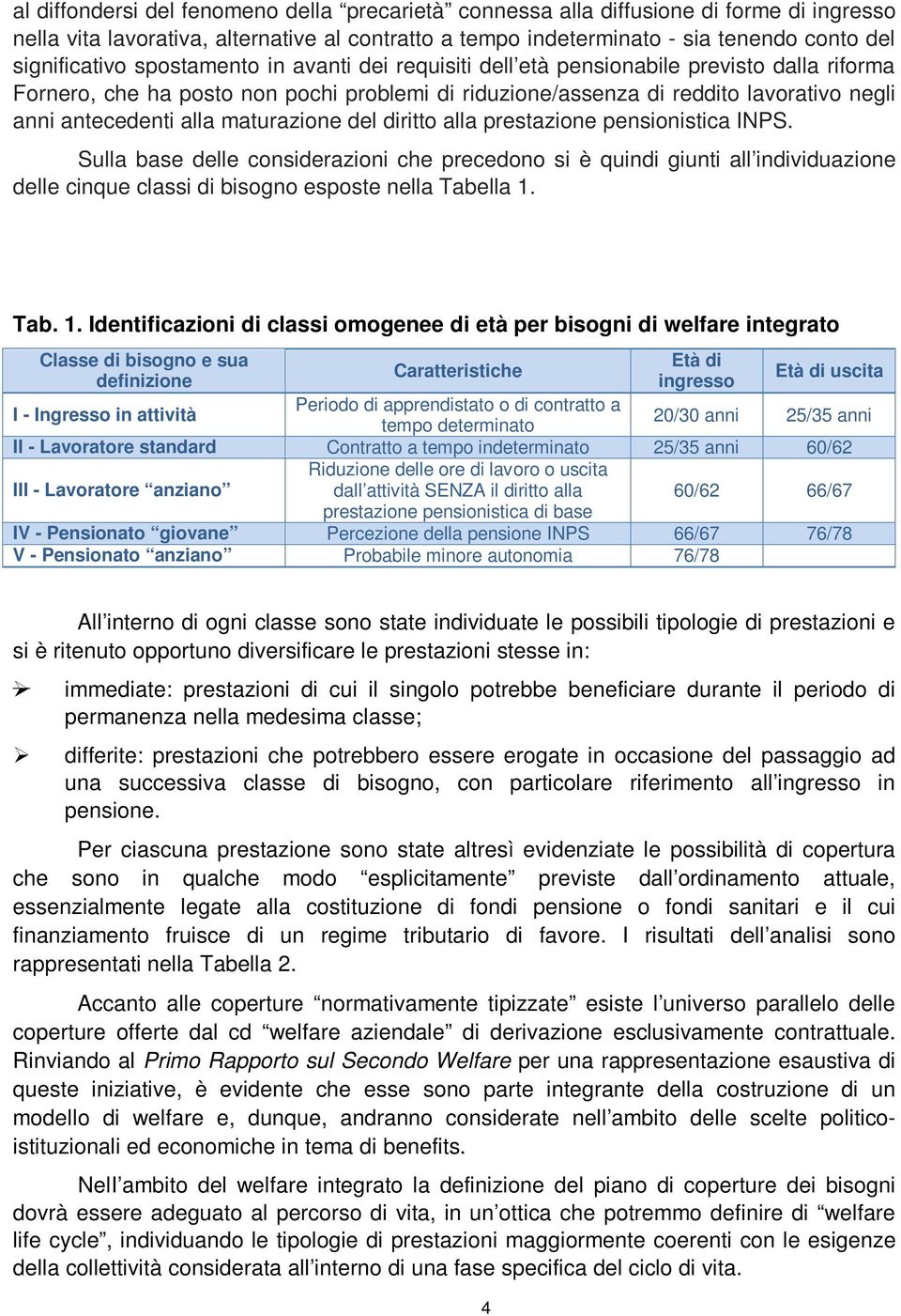 maturazione del diritto alla prestazione pensionistica INPS. Sulla base delle considerazioni che precedono si è quindi giunti all individuazione delle cinque classi di bisogno esposte nella Tabella 1.