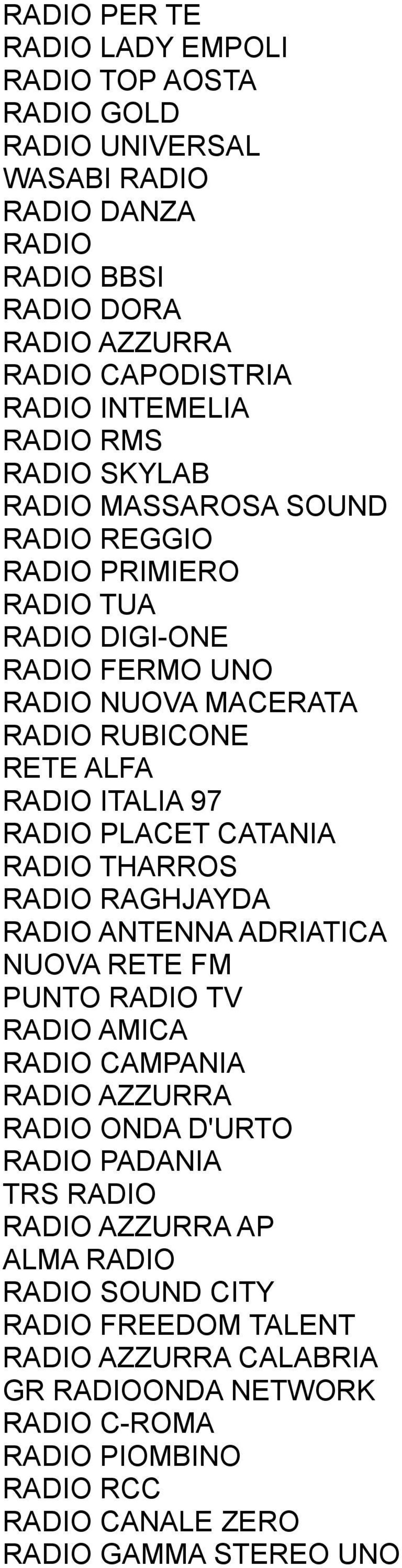 PLACET CATANIA RADIO THARROS RADIO RAGHJAYDA RADIO ANTENNA ADRIATICA NUOVA RETE FM PUNTO RADIO TV RADIO AMICA RADIO CAMPANIA RADIO AZZURRA RADIO ONDA D'URTO RADIO PADANIA TRS RADIO