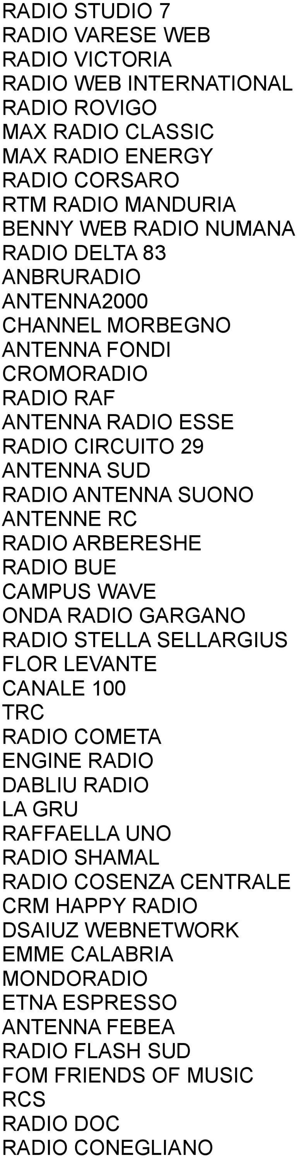 ARBERESHE RADIO BUE CAMPUS WAVE ONDA RADIO GARGANO RADIO STELLA SELLARGIUS FLOR LEVANTE CANALE 100 TRC RADIO COMETA ENGINE RADIO DABLIU RADIO LA GRU RAFFAELLA UNO RADIO SHAMAL