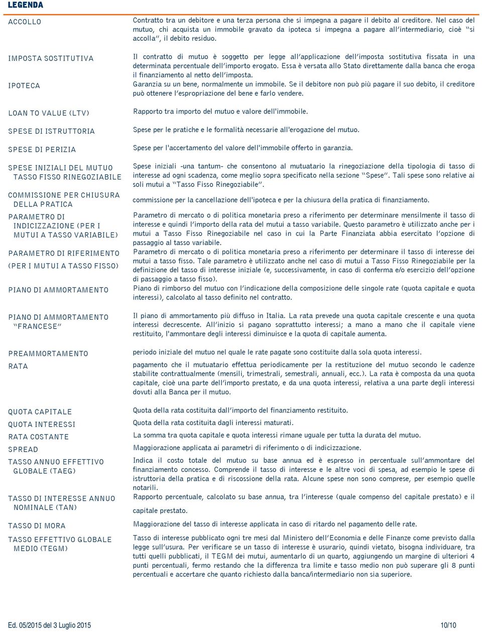 CAPITALE QUOTA INTERESSI RATA COSTANTE SPREAD TASSO ANNUO EFFETTIVO GLOBALE (TAEG) TASSO DI INTERESSE ANNUO NOMINALE (TAN) TASSO DI MORA TASSO EFFETTIVO GLOBALE MEDIO (TEGM) Contratto tra un debitore