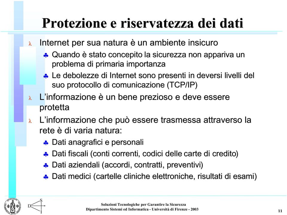 prezioso e deve essere protetta L informazione che può essere trasmessa attraverso la rete è di varia natura: Dati anagrafici e personali Dati fiscali