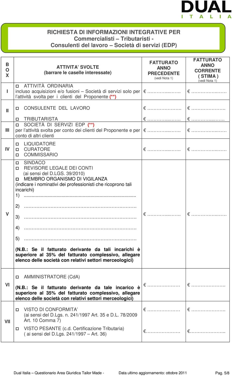 attività svolta per conto dei clienti del Proponente e per conto di altri clienti LIQUIDATORE CURATORE COMMISSARIO NDACO REVISORE LEGALE DEI CONTI (ai sensi del D.LGS.