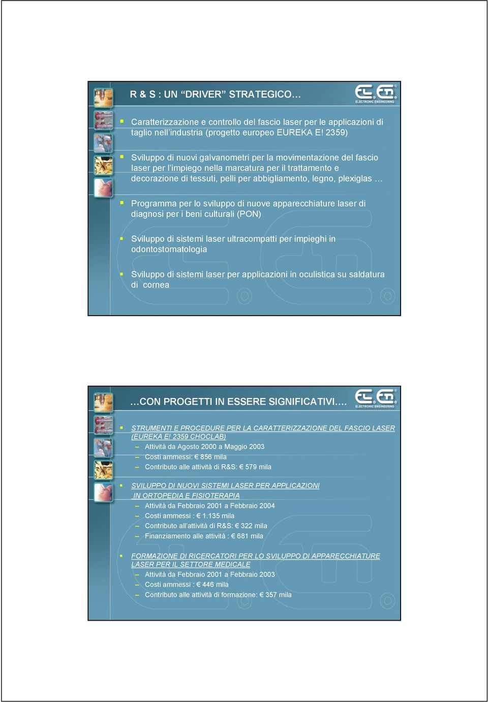 Programma per lo sviluppo di nuove apparecchiature laser di diagnosi per i beni culturali (PON) Sviluppo di sistemi laser ultracompatti per impieghi in odontostomatologia Sviluppo di sistemi laser