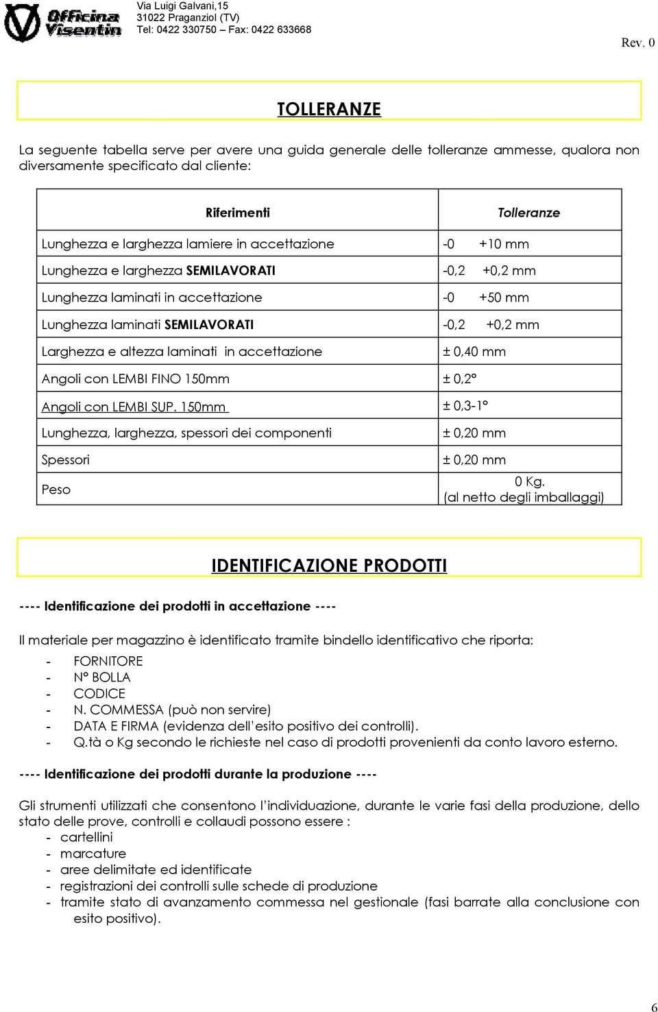 accettazione ± 0,40 mm Angoli con LEMBI FINO 150mm ± 0,2 Angoli con LEMBI SUP. 150mm ± 0,3-1 Lunghezza, larghezza, spessori dei componenti Spessori Peso ± 0,20 mm ± 0,20 mm 0 Kg.