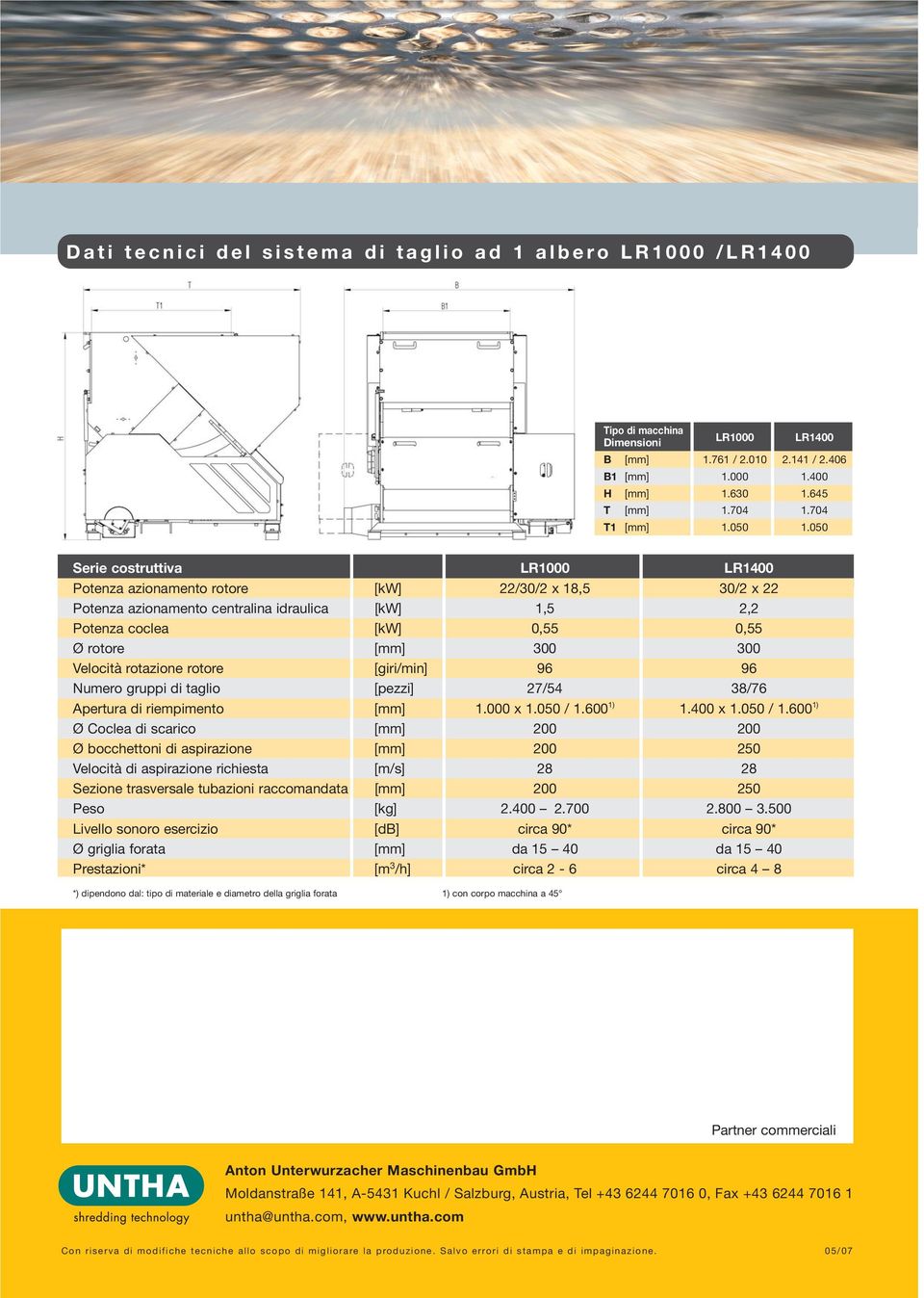 050 Serie costruttiva LR1000 LR1400 Potenza azionamento rotore [kw] 22/30/2 x 18,5 30/2 x 22 Potenza azionamento centralina idraulica [kw] 1,5 2,2 Potenza coclea [kw] 0,55 0,55 Ø rotore [mm] 300 300