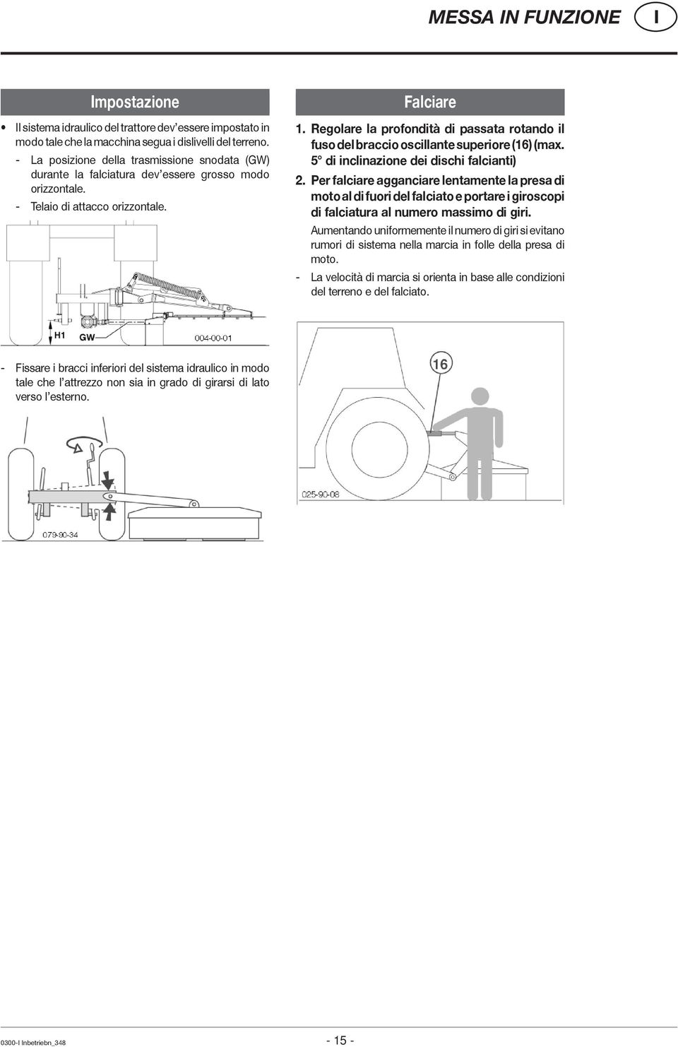 Regolare la profondità di passata rotando il fuso del braccio oscillante superiore (16) (max. 5 di inclinazione dei dischi falcianti) 2.