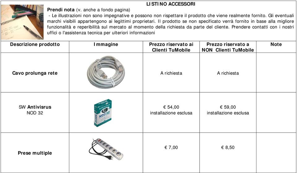 Il prodotto se non specificato verrà fornito in base alla migliore funzionalità e reperibilità sul mercato al momento della richiesta da parte del cliente.