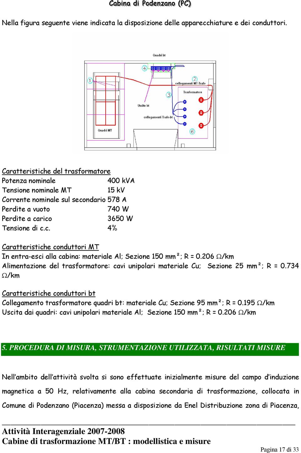 206 Ω/km Alimentazione del trasformatore: cavi unipolari materiale Cu; Sezione 25 mm²; R = 0.