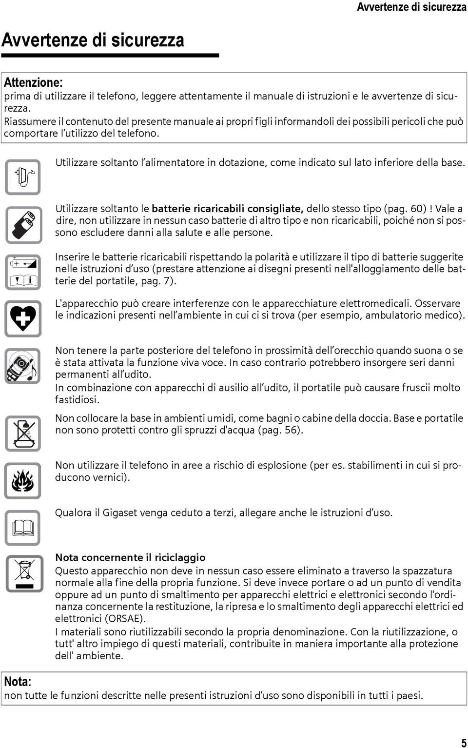 $ Utilizzare soltanto l alimentatore in dotazione, come indicato sul lato inferiore della base. Utilizzare soltanto le batterie ricaricabili consigliate, dello stesso tipo (pag. 60)!