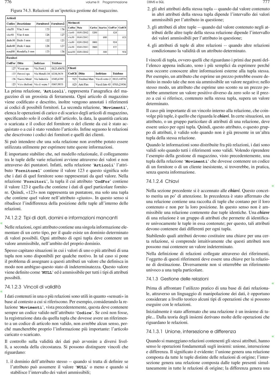 La seconda relazione, Movimenti, elenca le operazioni di carico e di scarico degli articoli di magazzino, specificando solo il codice dell articolo, la data, la quantità caricata o scaricata e il