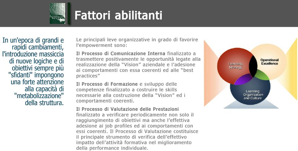 realizzazione della "Vision" aziendale e l'adesione ai comportamenti con essa coerenti ed alle "best practices" Il Processo di Formazione e sviluppo delle competenze finalizzato a costruire le skills