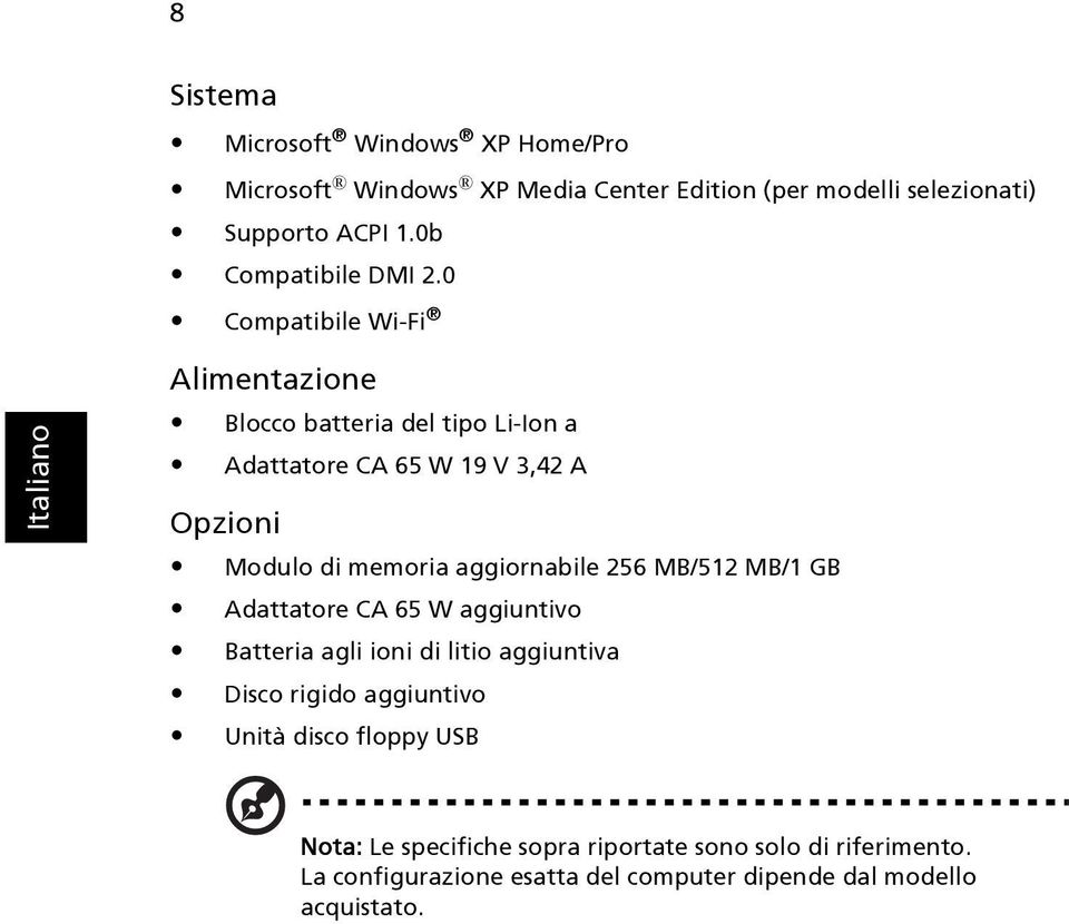 0 Compatibile Wi-Fi Alimentazione Blocco batteria del tipo Li-Ion a Adattatore CA 65 W 19 V 3,42 A Opzioni Modulo di memoria aggiornabile