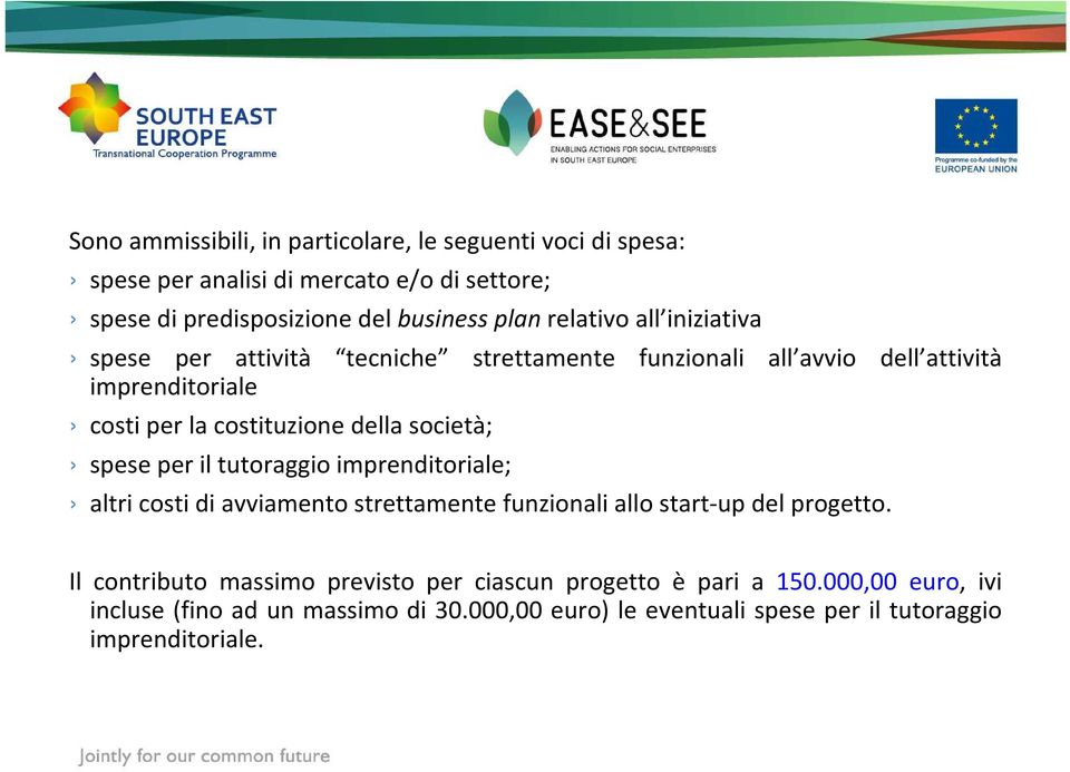 società; spese per il tutoraggio imprenditoriale; altri costi di avviamento strettamente funzionali allo start-up del progetto.