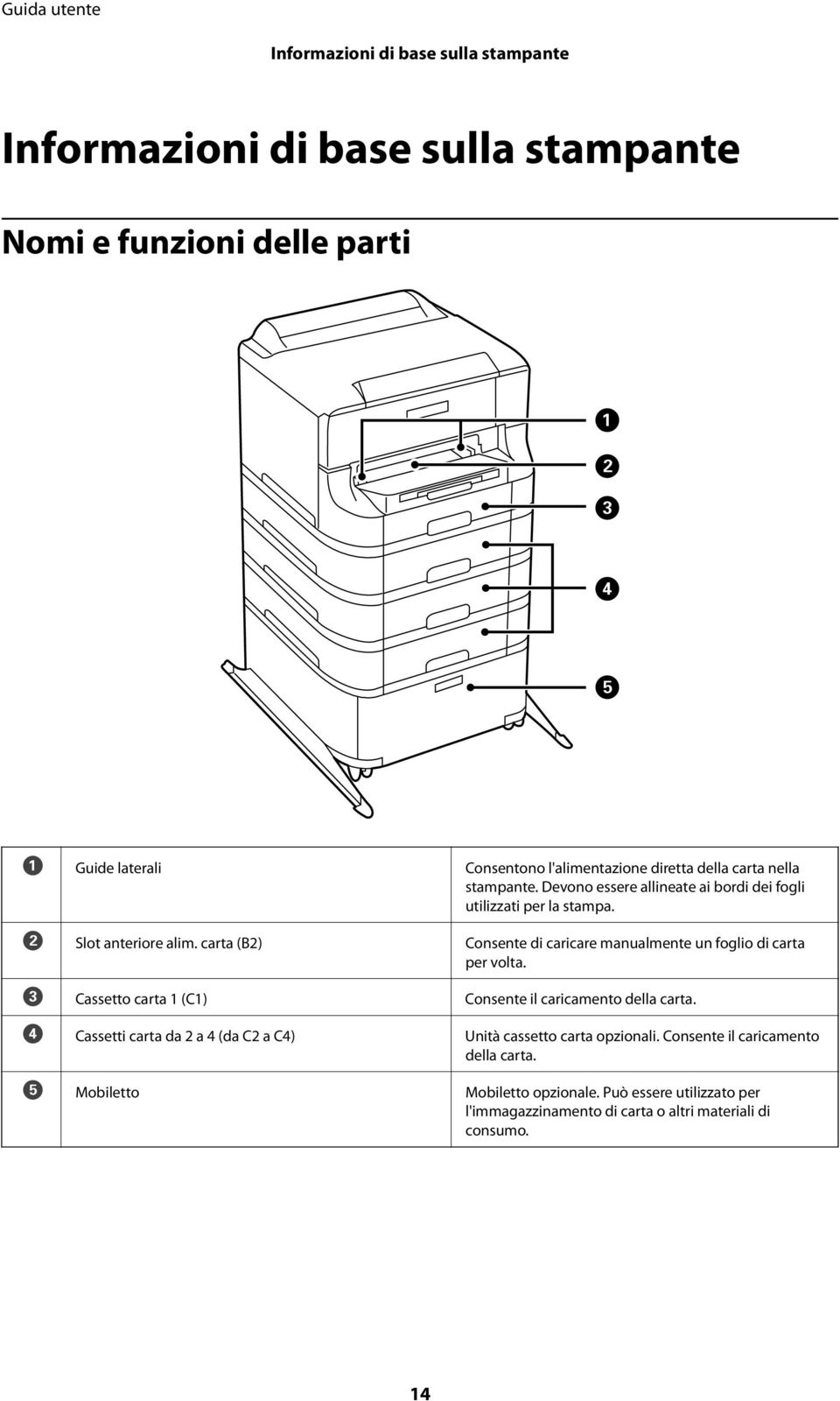 carta (B2) Consente di caricare manualmente un foglio di carta per volta. C Cassetto carta 1 (C1) Consente il caricamento della carta.