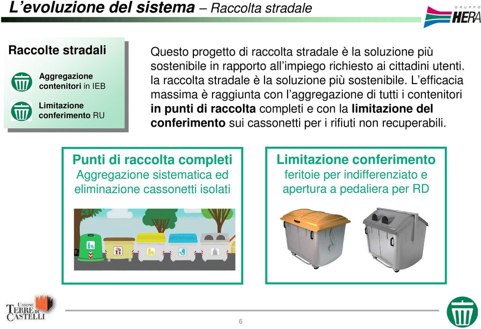 L efficacia massima è raggiunta con l aggregazione di tutti i contenitori in punti di raccolta completi e con la limitazione del conferimento sui cassonetti per i rifiuti non