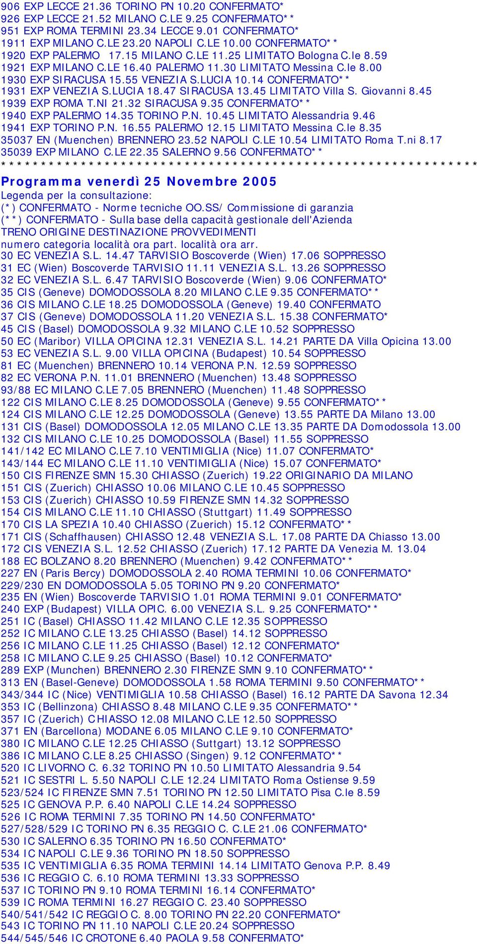 14 CONFERMATO** 1931 EXP VENEZIA S.LUCIA 18.47 SIRACUSA 13.45 LIMITATO Villa S. Giovanni 8.45 1939 EXP ROMA T.NI 21.32 SIRACUSA 9.35 CONFERMATO** 1940 EXP PALERMO 14.35 TORINO P.N. 10.