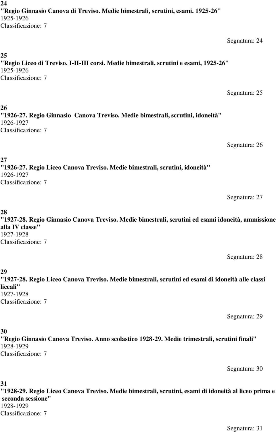 Medie bimestrali, scrutini, idoneità" 1926-1927 Segnatura: 24 Segnatura: 25 Segnatura: 26 Segnatura: 27 28 "1927-28. Regio Ginnasio Canova Treviso.