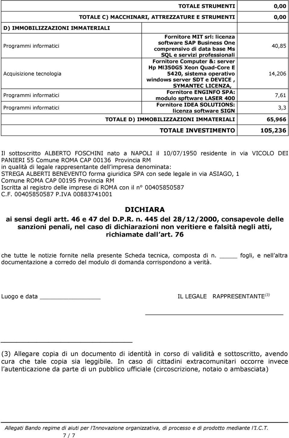 server SDT e DEVICE, SYMANTEC LICENZA, Fornitore ENGINFO SPA: modulo spftware LASER 400 Fornitore IDEA SOLUTIONS: licenza software SIGN 40,85 14,206 7,61 TOTALE D) IMMOBILIZZAZIONI IMMATERIALI 65,966