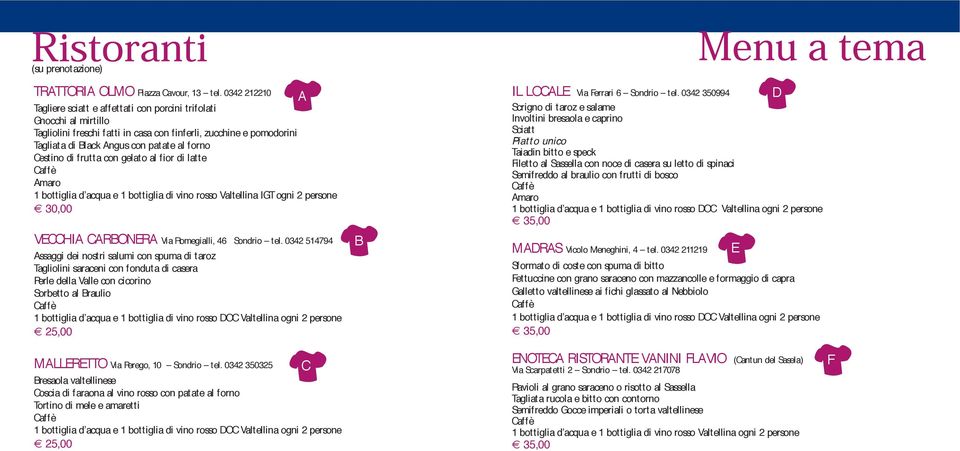 Cestino di frutta con gelato al fior di latte Amaro 1 bottiglia d acqua e 1 bottiglia di vino rosso Valtellina IGT ogni 2 persone 30,00 VECCHIA CARBONERA Via Romegialli, 46 Sondrio t el.