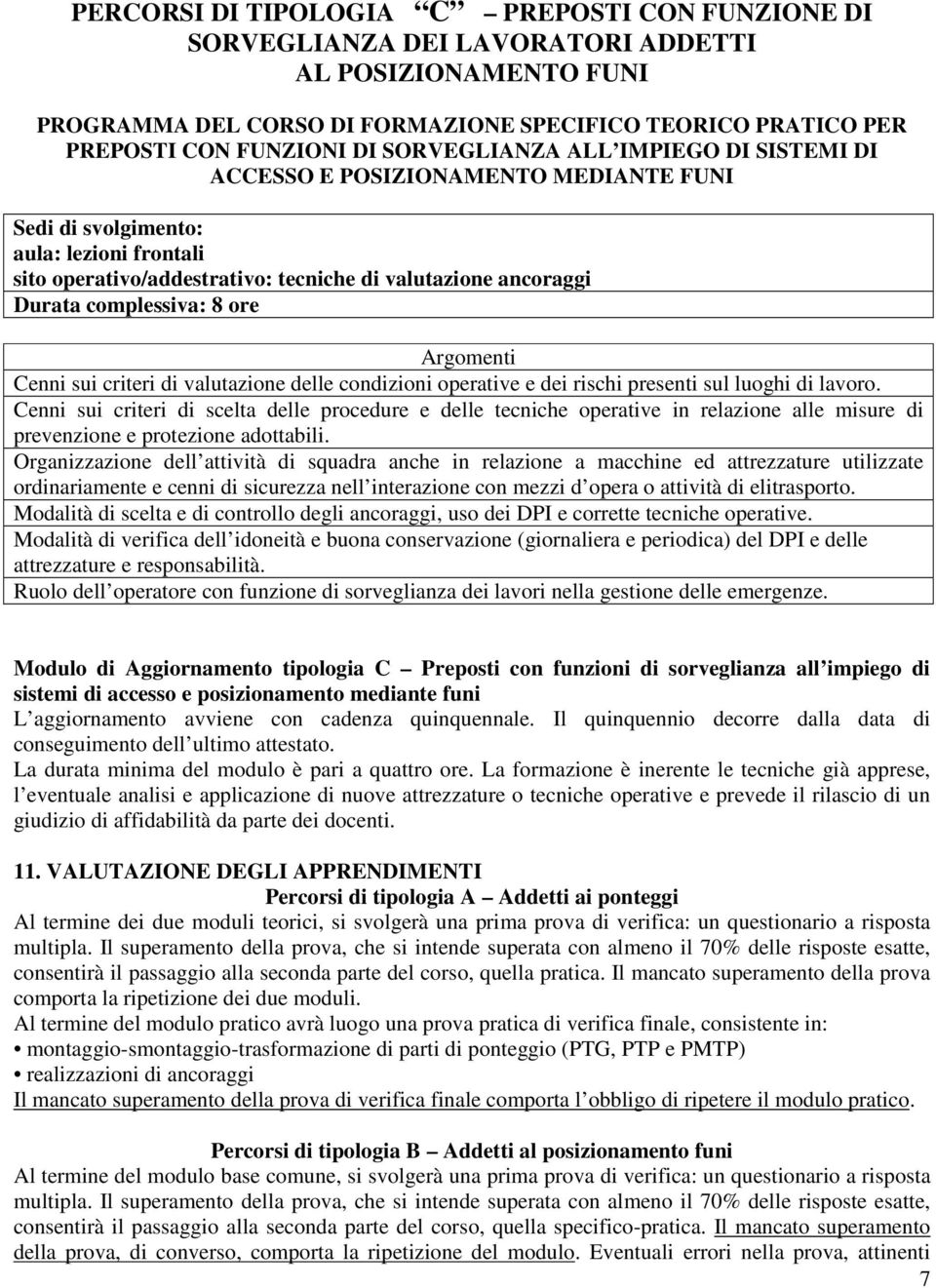 complessiva: 8 ore Argomenti Cenni sui criteri di valutazione delle condizioni operative e dei rischi presenti sul luoghi di lavoro.