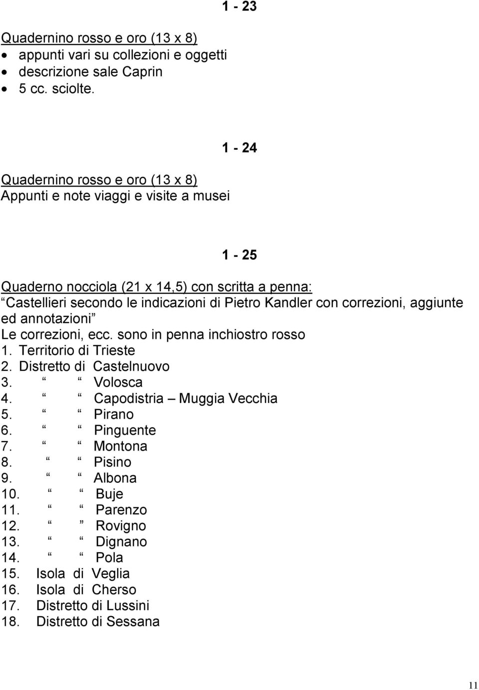 indicazioni di Pietro Kandler con correzioni, aggiunte ed annotazioni Le correzioni, ecc. sono in penna inchiostro rosso 1. Territorio di Trieste 2.