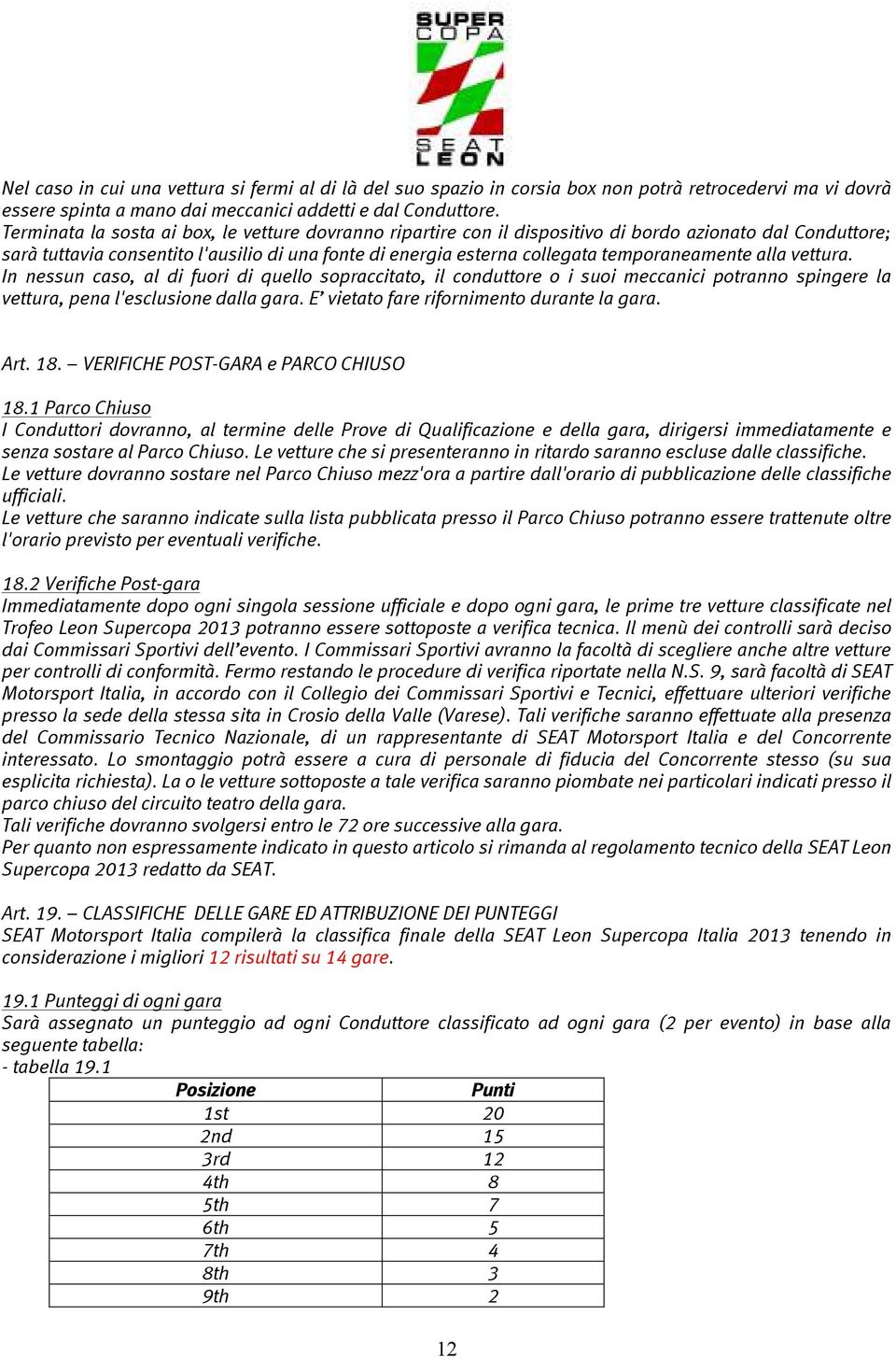 temporaneamente alla vettura. In nessun caso, al di fuori di quello sopraccitato, il conduttore o i suoi meccanici potranno spingere la vettura, pena l'esclusione dalla gara.