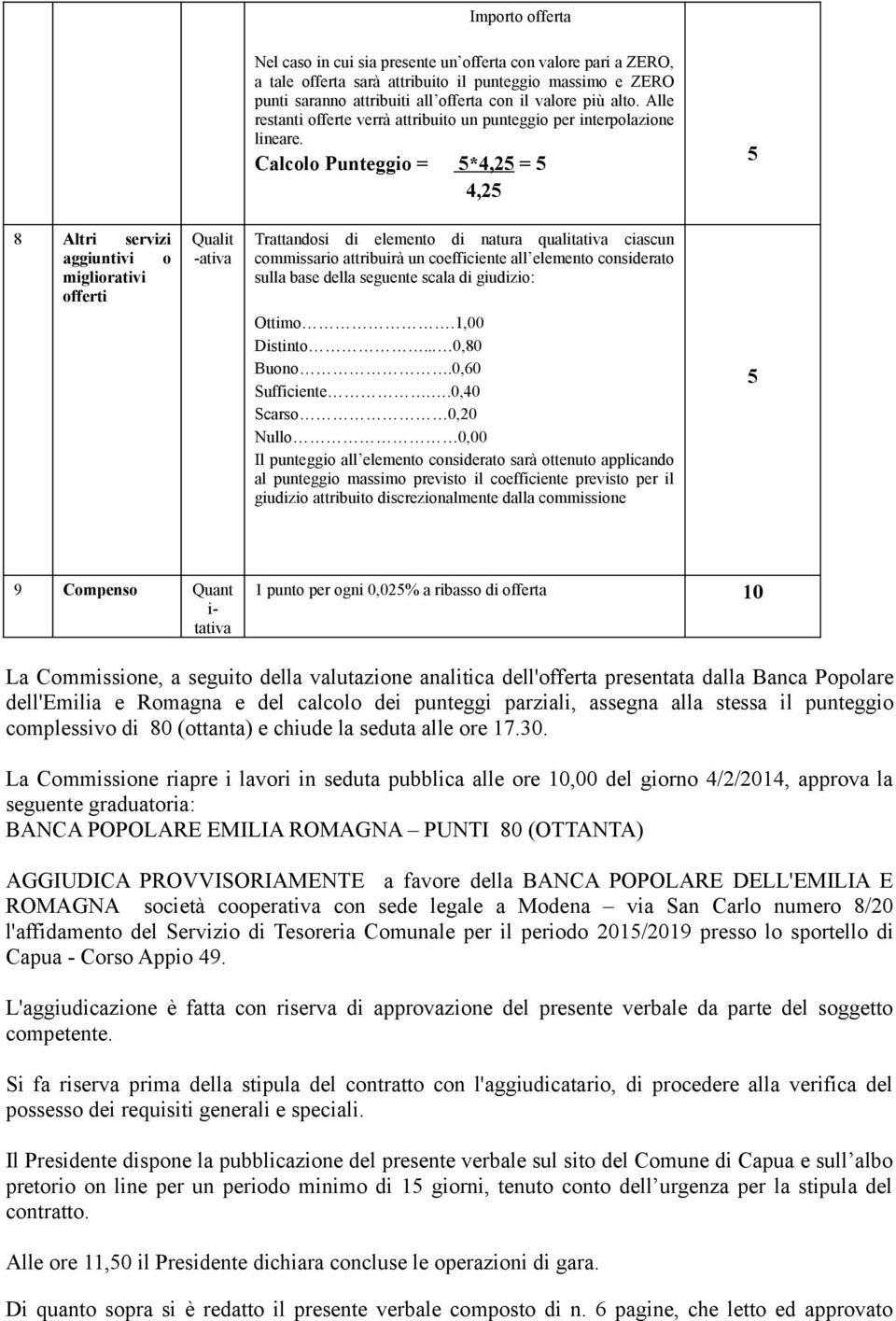 Calcolo Punteggio = 5*4,25 = 5 4,25 5 8 Altri servizi aggiuntivi o migliorativi offerti Qualit -ativa Trattandosi di elemento di natura quali ciascun commissario attribuirà un coefficiente all