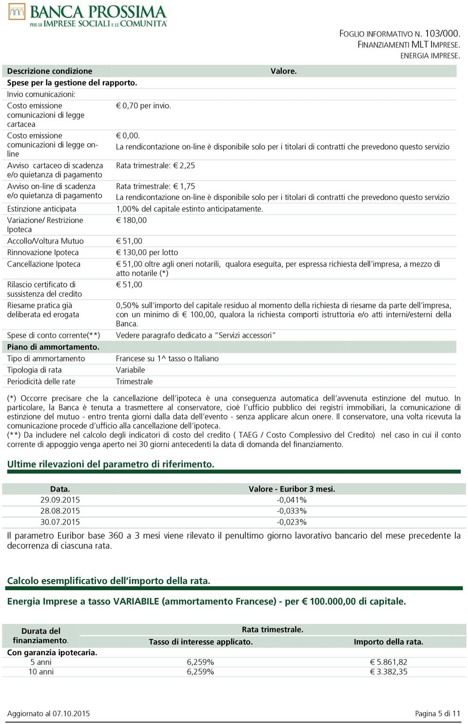 anticipata Variazione/ Restrizione Ipoteca Valore. FOGLIO INFORMATIVO N. 103/000. 0,00.