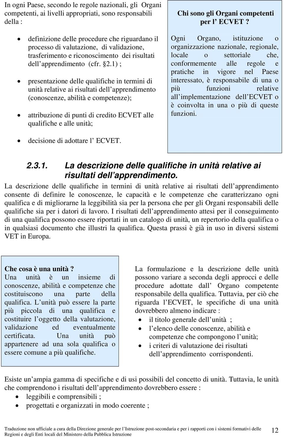 1) ; presentazione delle qualifiche in termini di unità relative ai risultati dell apprendimento (conoscenze, abilità e competenze); attribuzione di punti di credito ECVET alle qualifiche e alle