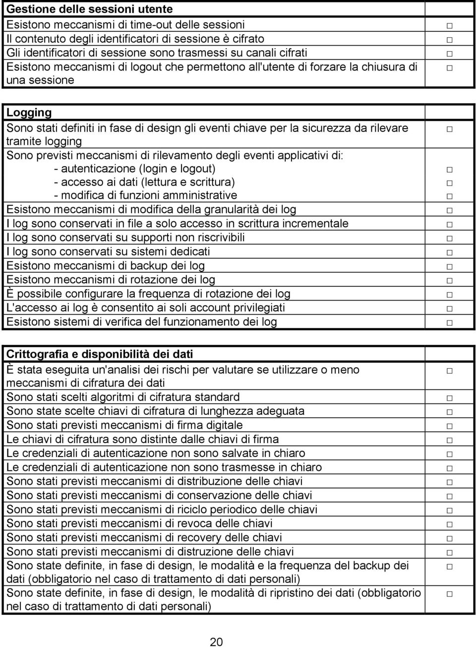 logging Sono previsti meccanismi di rilevamento degli eventi applicativi di: - autenticazione (login e logout) - accesso ai dati (lettura e scrittura) - modifica di funzioni amministrative Esistono