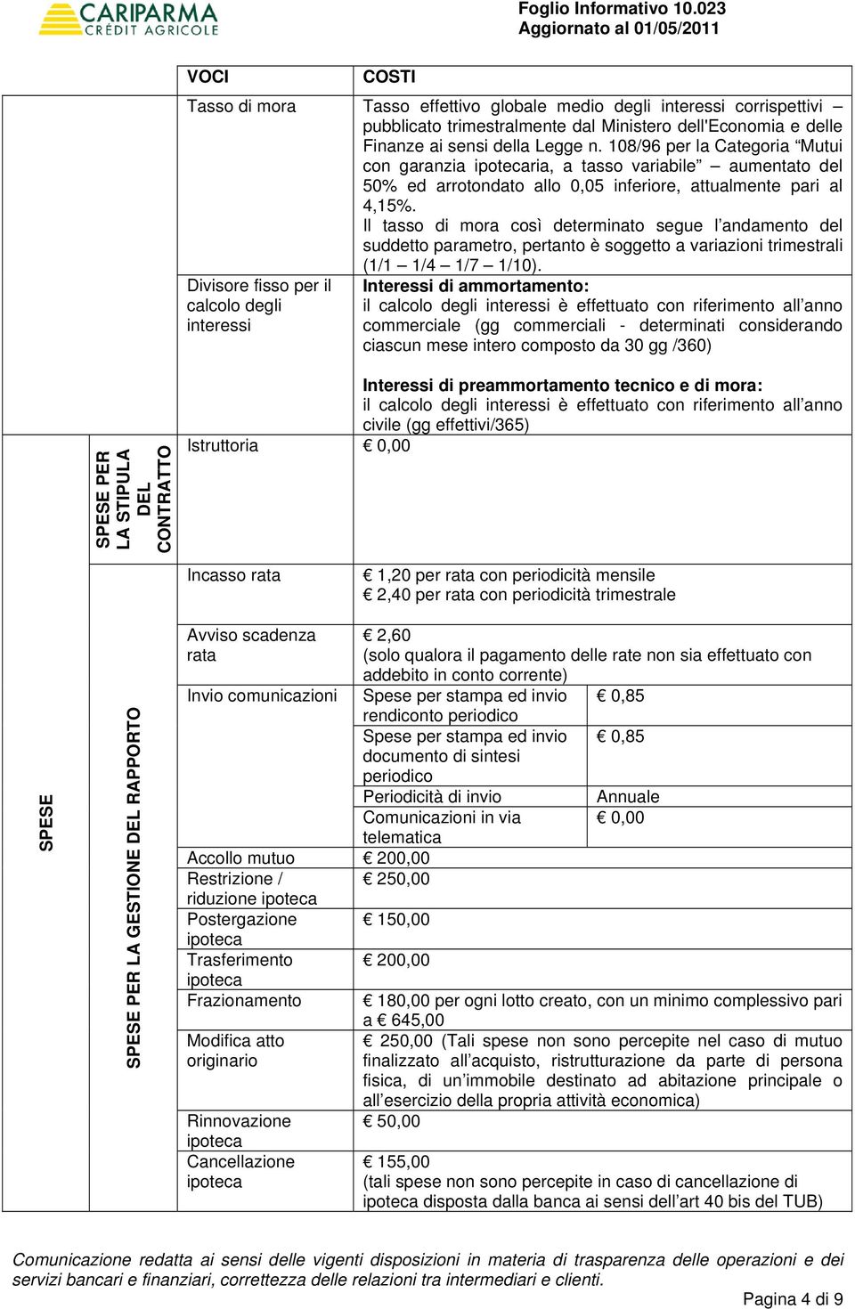 108/96 per la Categoria Mutui con garanzia ipotecaria, a tasso variabile aumentato del 50% ed arrotondato allo 0,05 inferiore, attualmente pari al 4,15%.